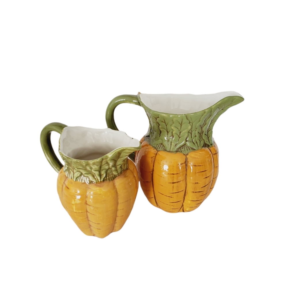 Vintage Carrot Ceramic Pitcher Set - Majolica Style Veggie Creamer & Juice Jugs